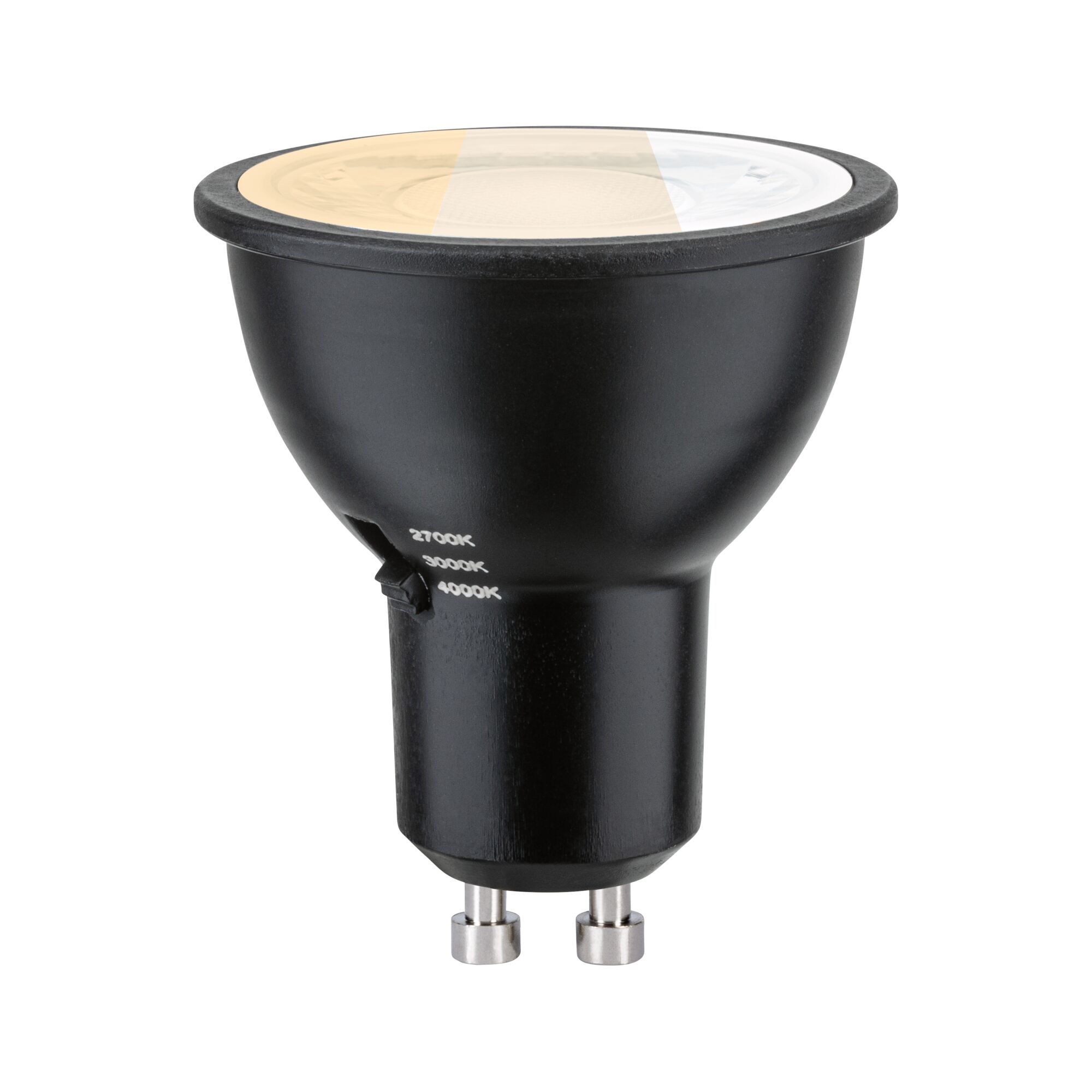 Schwarze LED-Reflektorlampe mit GU10-Fassung und einstellbarer Farbtemperatur 2700K bis 4000K