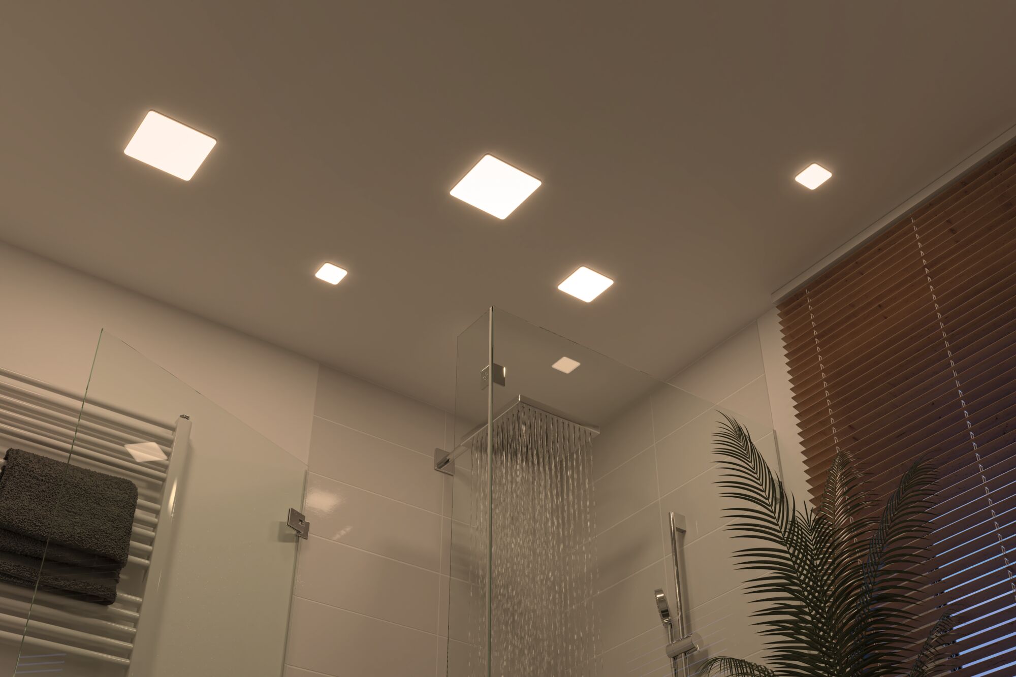 Modernes Badezimmer mit quadratischen LED-Deckenleuchten in warmweiß und Glasdusche mit Regenduschkopf