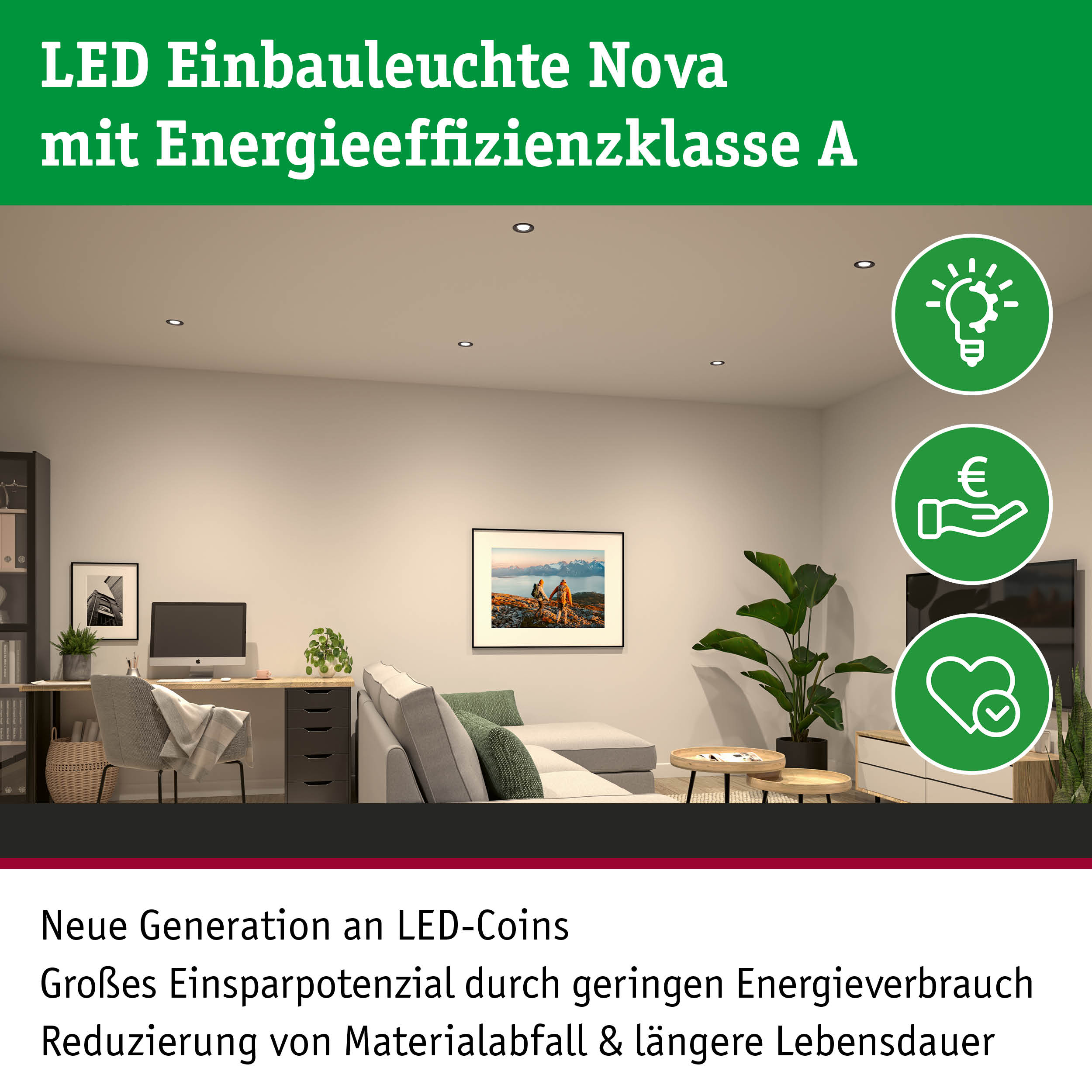 LED Einbauleuchte Nova mit Energieeffizienzklasse A in modernem Wohnzimmer mit Deckenbeleuchtung