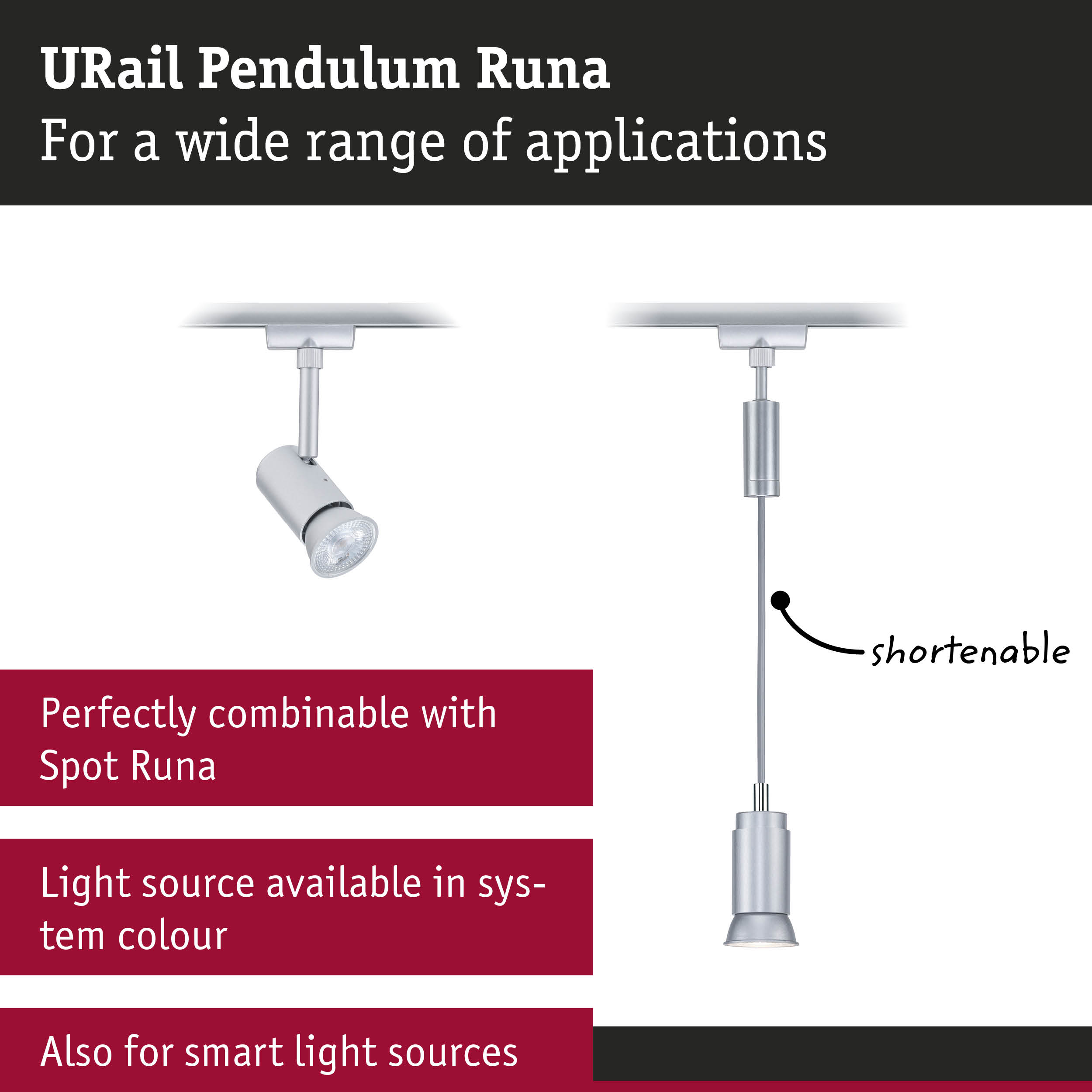 URail Pendulum Runa silver pendant light with adjustable cable for versatile lighting applications