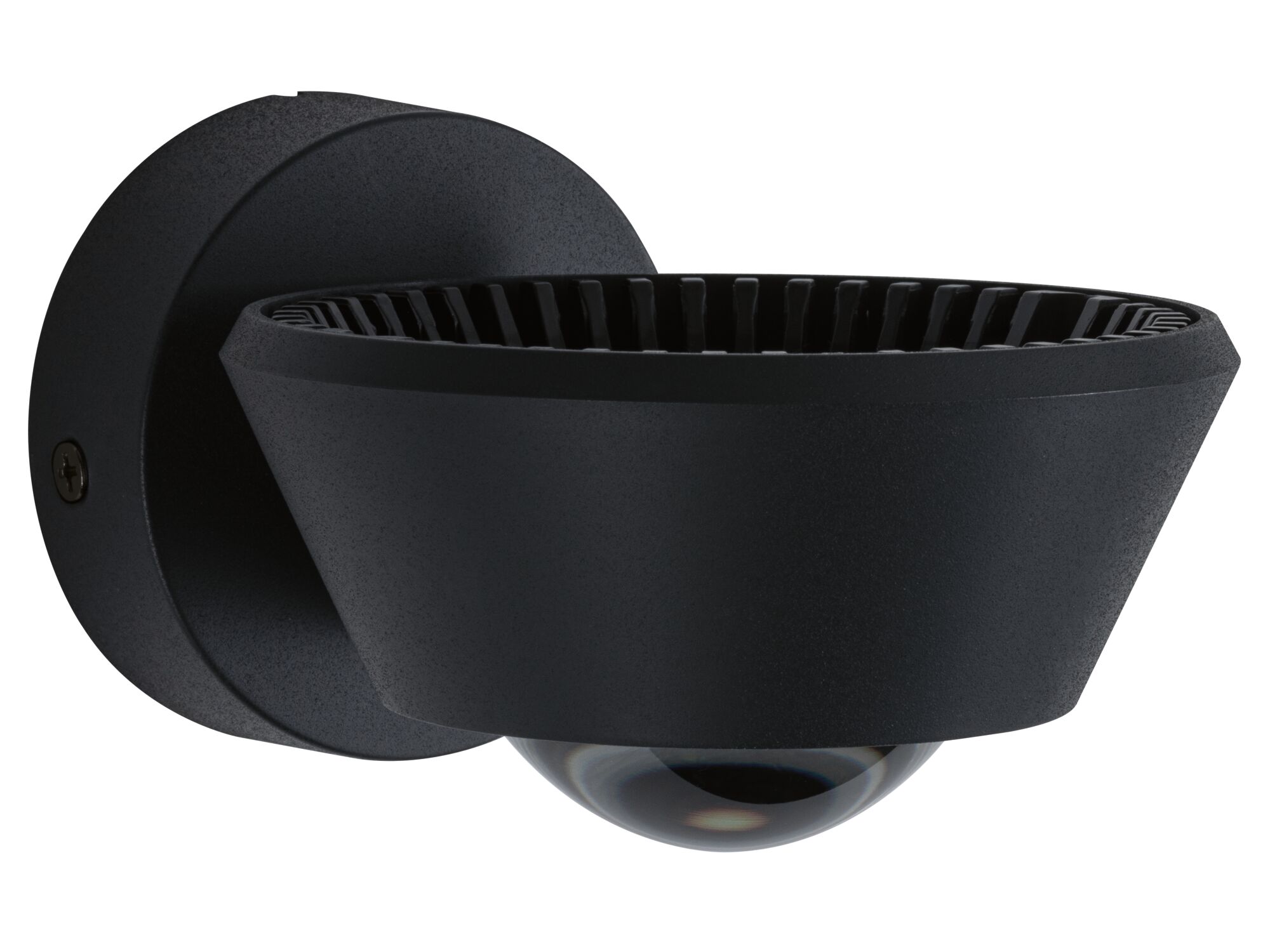 Black metal wall light with round reflector and visible screw for modern indoor lighting