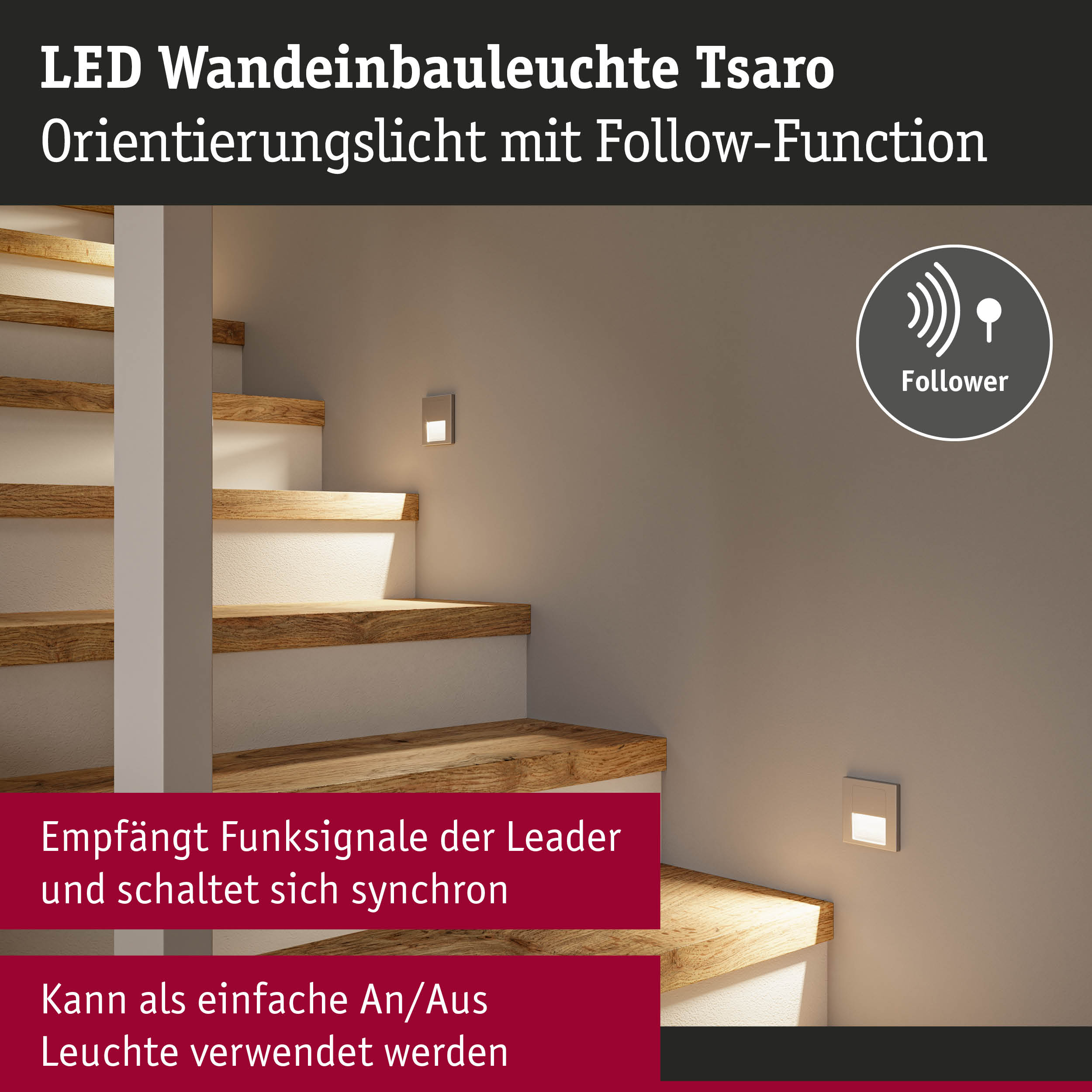 LED Wandeinbauleuchte Tsaro in Silber mit Follow-Funktion für Treppenhausbeleuchtung