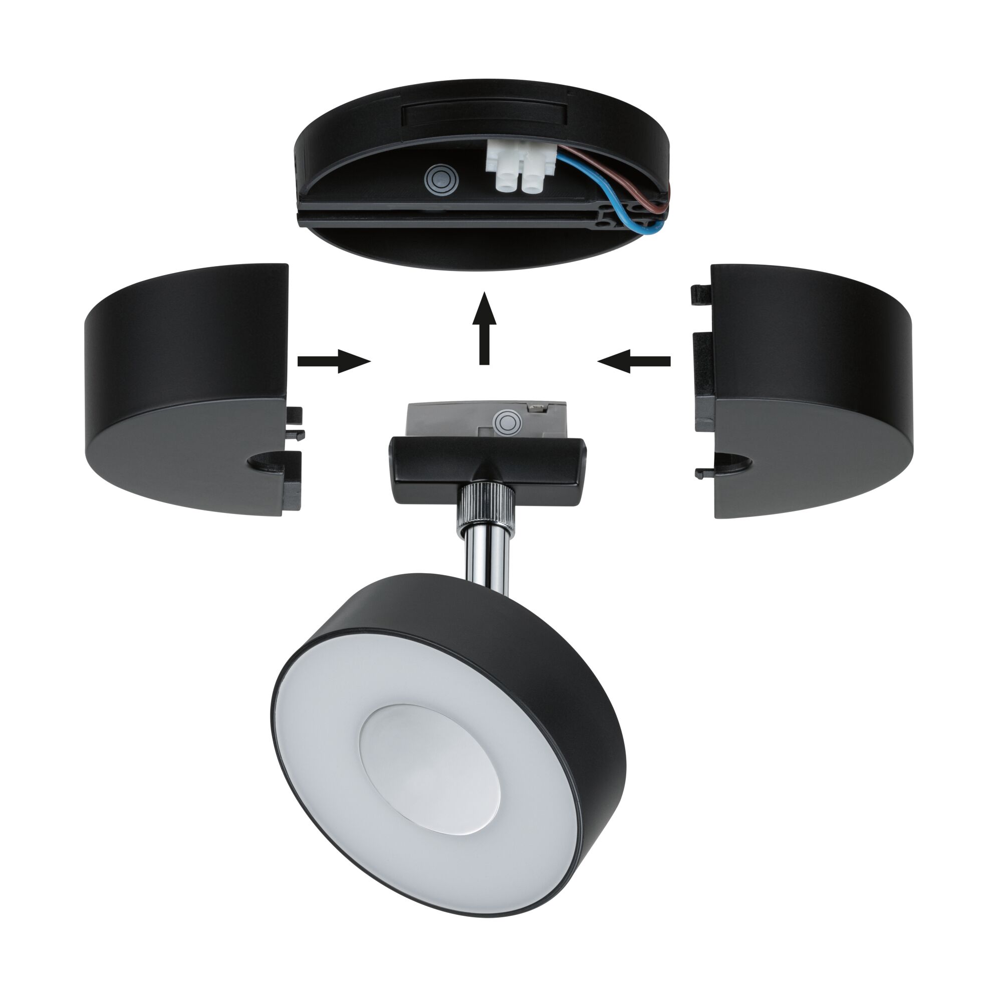 Vue éclatée d'un spot LED noir avec lumière ronde et tige métallique pour montage.