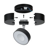 Explosionszeichnung eines schwarzen LED-Strahlers mit runder Leuchte und Metallstange zur Montage.