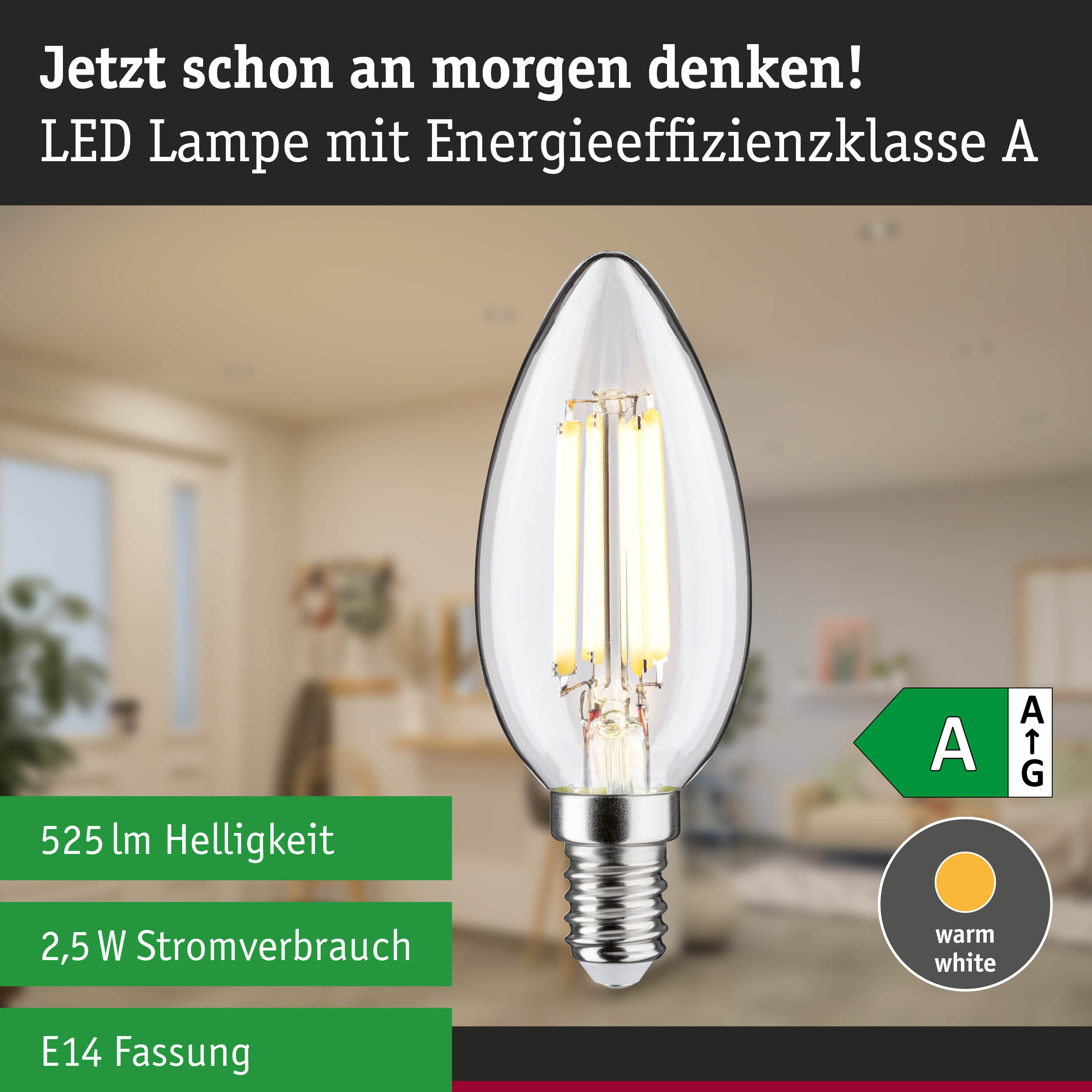 Efficient-Line Filament 230V LED Kerze E14 525lm 2,5W 3000K Klar