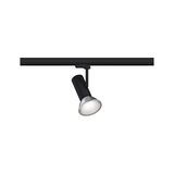 Black metal LED spotlight on track system for flexible room lighting solutions
