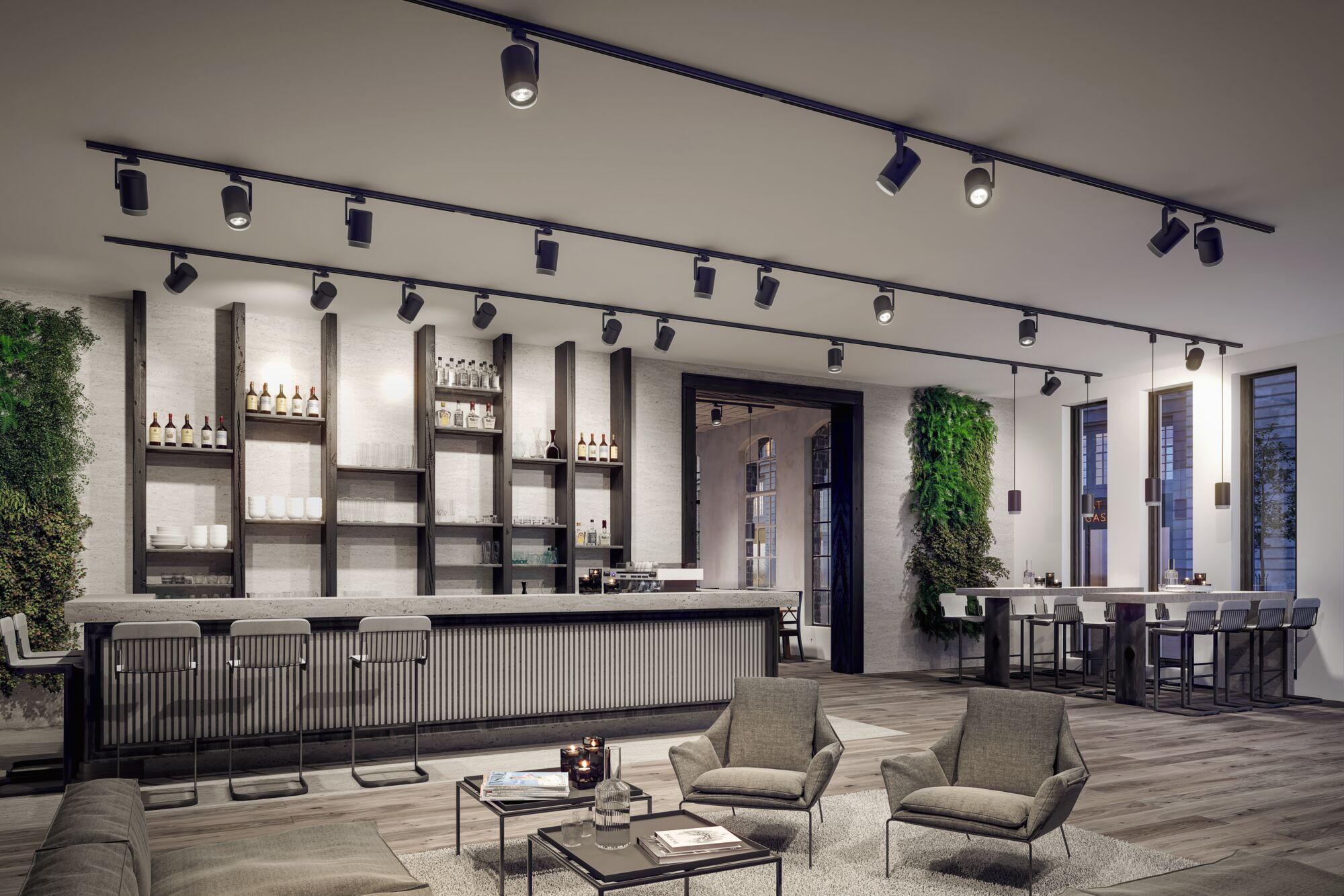 Moderne schwarze LED-Schienenstrahler an Decke in stilvollem Bar- und Loungebereich mit Holz und Beton