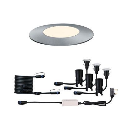 Round LED recessed floor light set in brushed aluminum with cables and plug for outdoor lighting