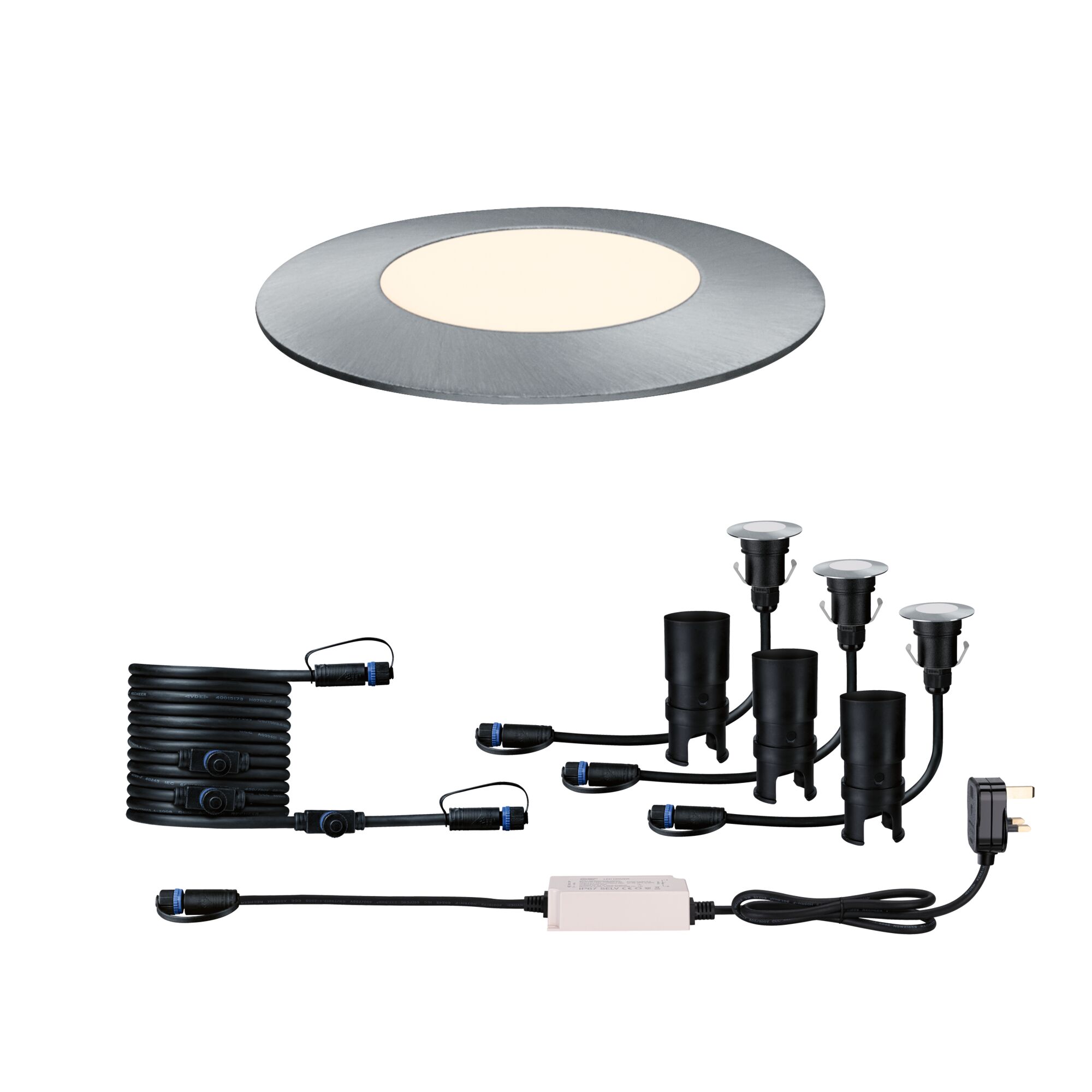 Plug & Shine Podłogowe światło wpuszczane LED Profil_Floor IP67 3000K 3x2,5W 30VA Stal szlachetna Round LED recessed floor light set in brushed aluminum with cables and plug for outdoor lighting