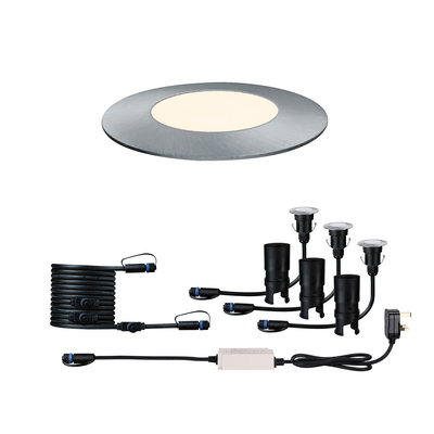 Round LED recessed floor light set in brushed aluminum with cables and plug for outdoor lighting