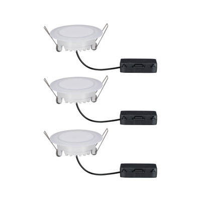 Three white LED recessed spotlights with metal clips and black connection cables for modern lighting