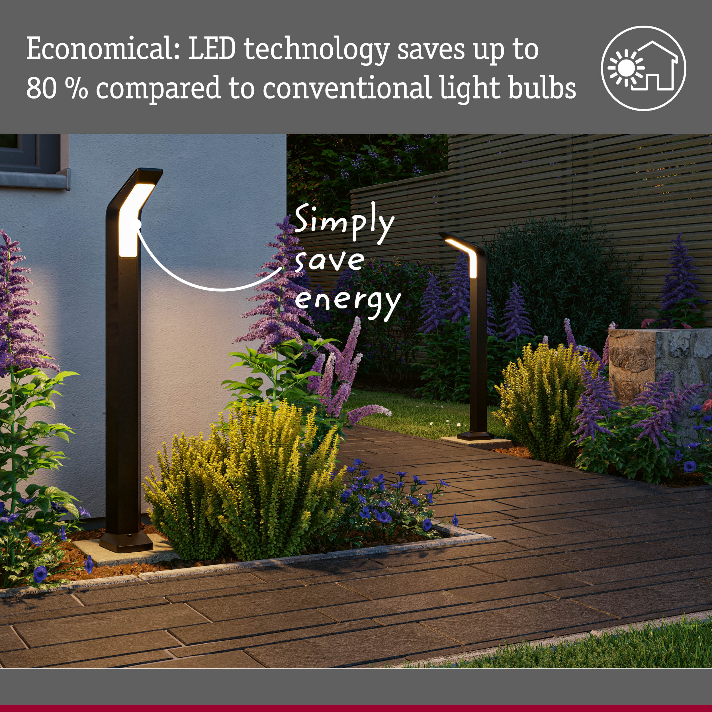 Modern black LED outdoor garden lights with energy-saving technology and decorative plants around pathway.