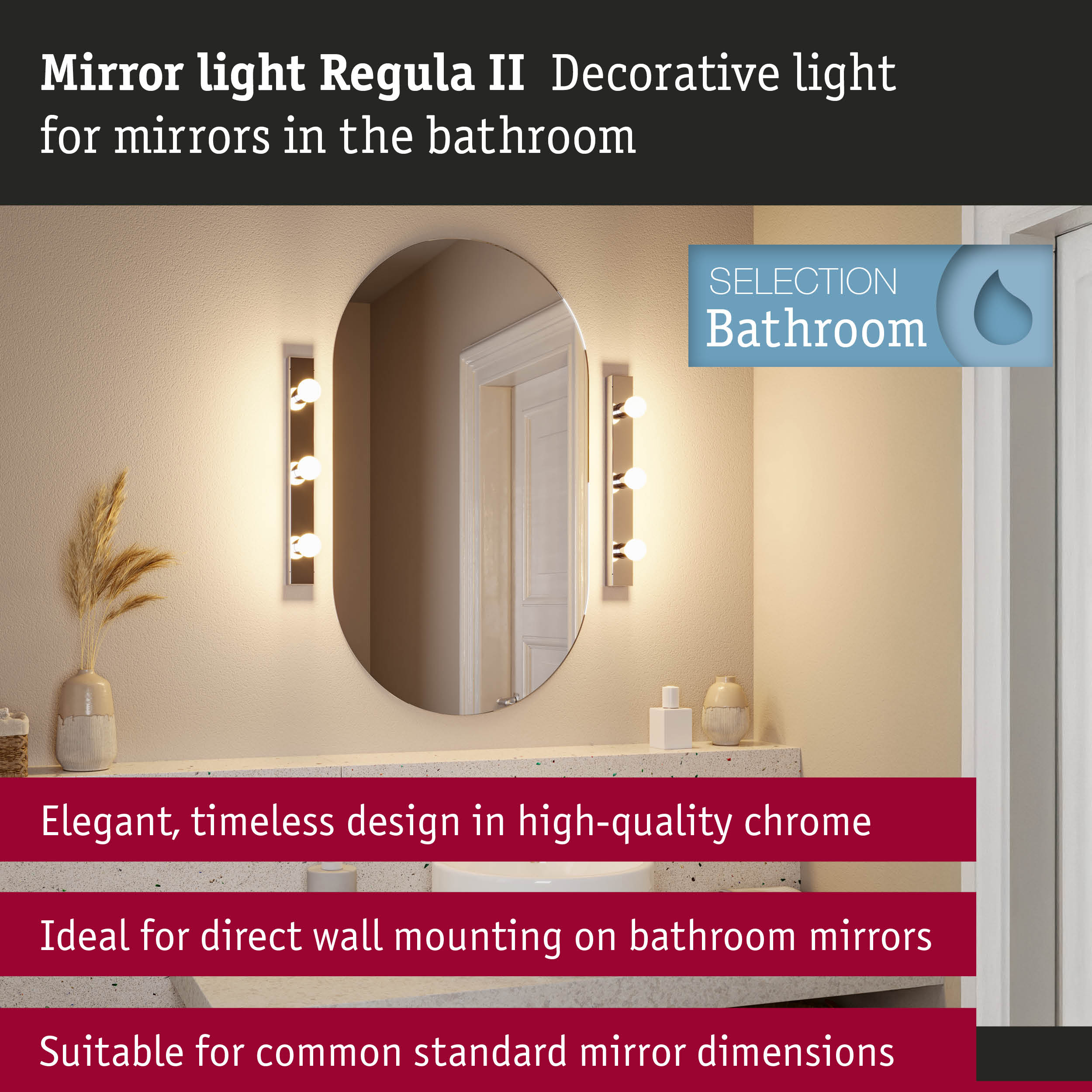 Set Mirror light Regula II including light source 3-lamp IP44 E14 2700K 3x440lm 230V 3x4,8W dimmable Chrome/Crown mirror silver
