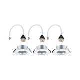 Three round silver metal recessed spotlights with white cables and black sockets for LED lighting