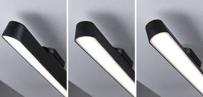 Black LED under-cabinet light with switch, energy-saving kitchen lighting for countertops.