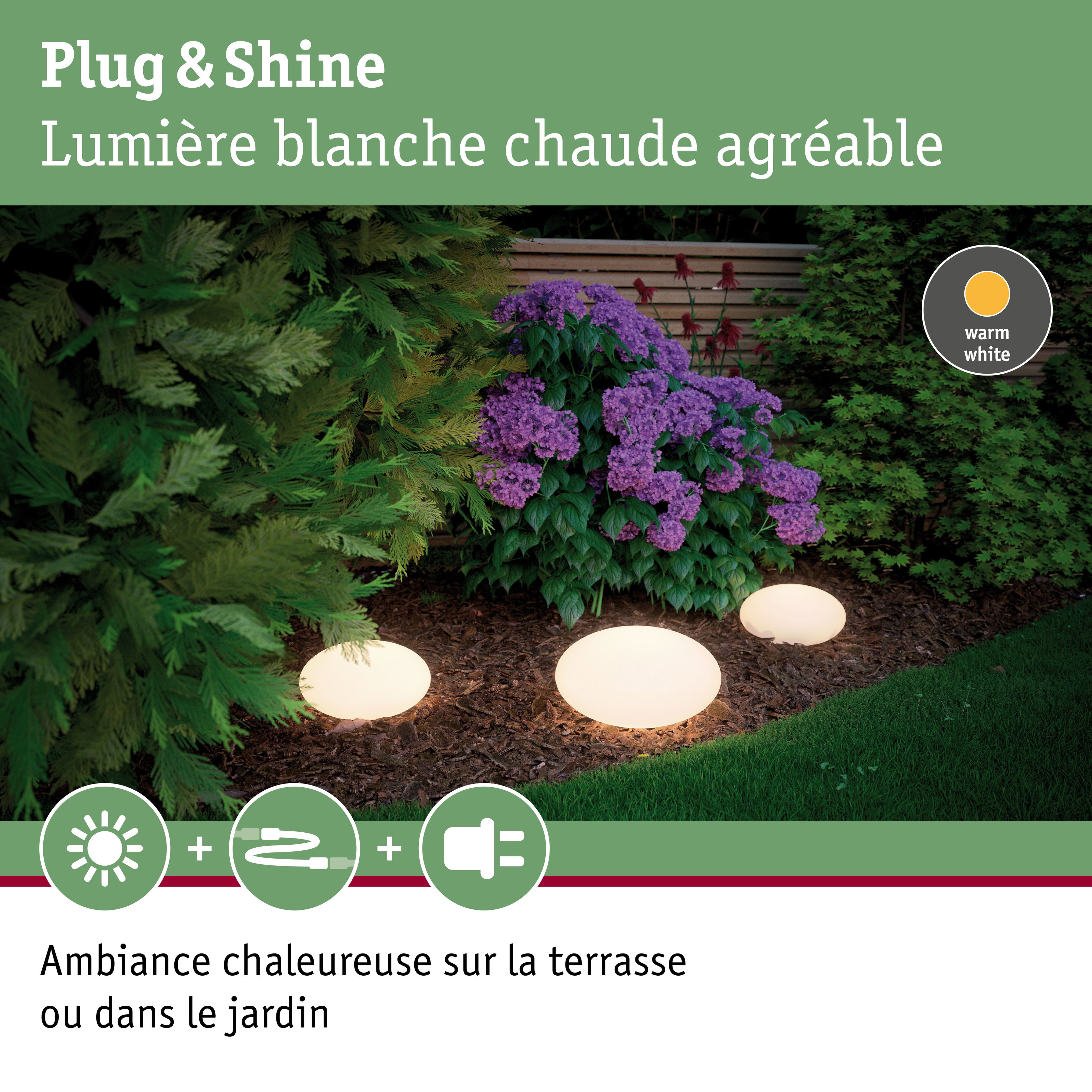 Lampes LED blanches Plug & Shine dans le jardin avec lumière blanche chaude pour terrasse extérieure