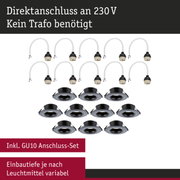 Schwarze Einbaustrahler mit GU10 Anschluss-Set und weißem Kabel für 230V Direktanschluss ohne Trafo