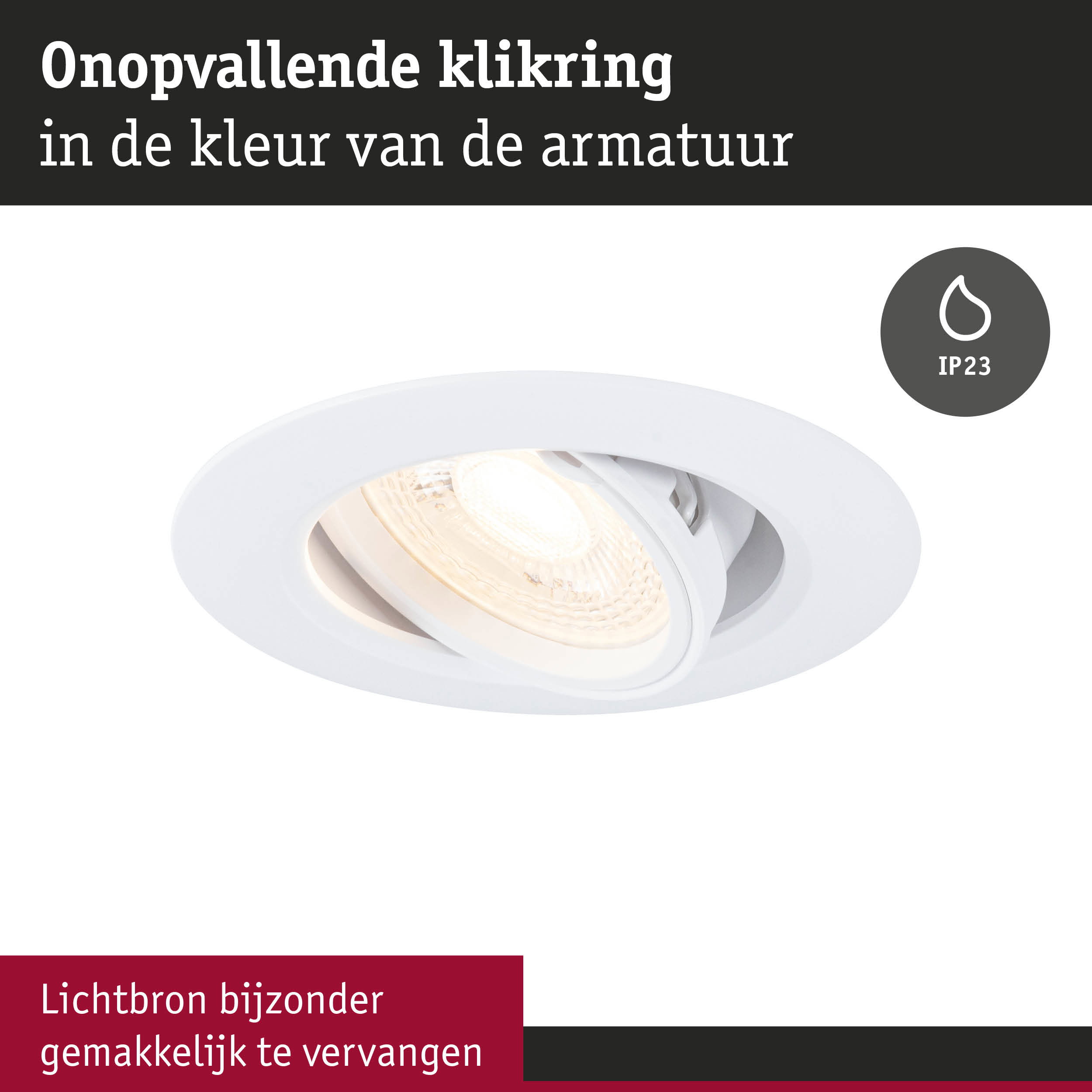 Witte inbouwspot van kunststof met IP23 beschermingsklasse en eenvoudig te vervangen lichtbron