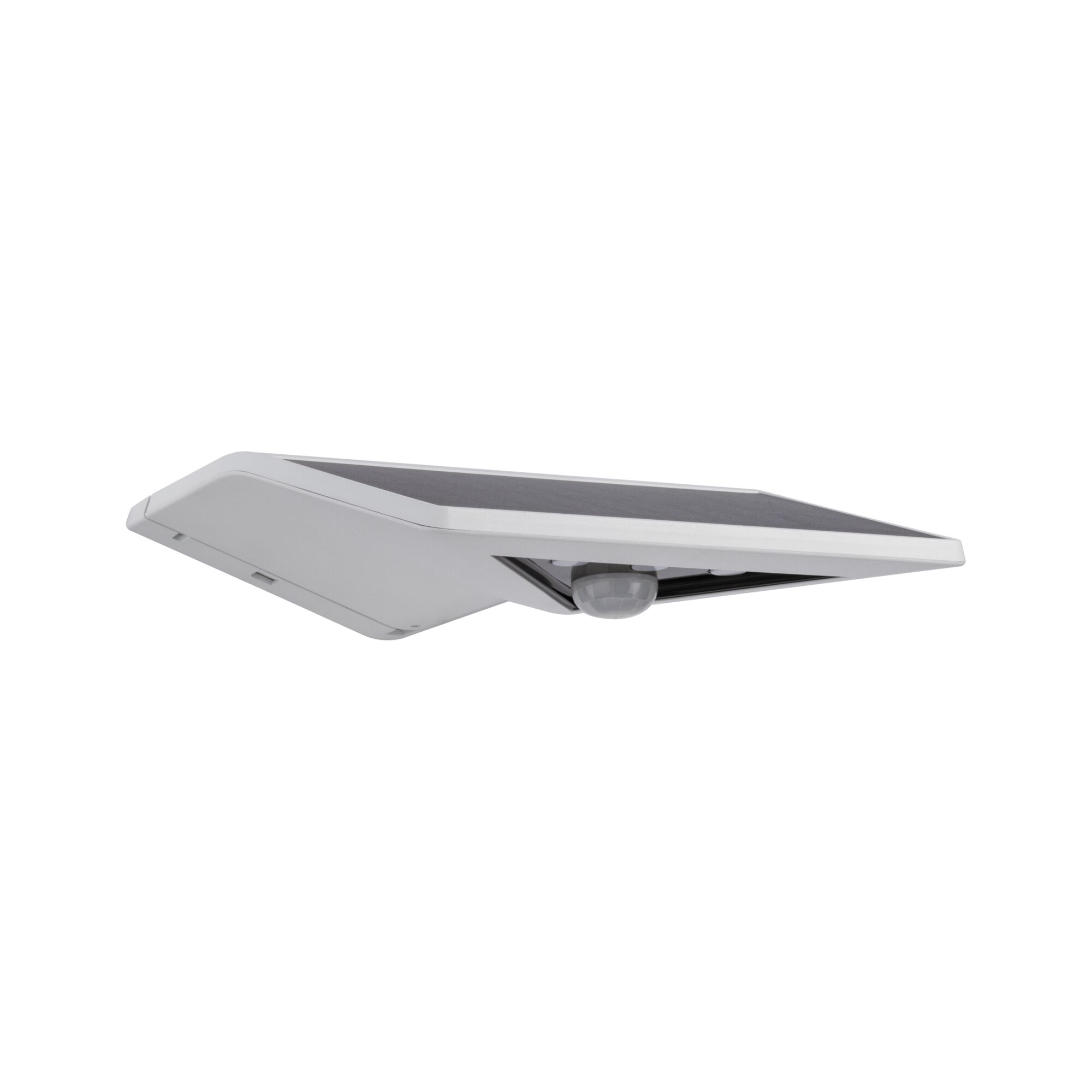 Witte solar buitenwandlamp met bewegingssensor en zwart zonnepaneel voor energiezuinige verlichting