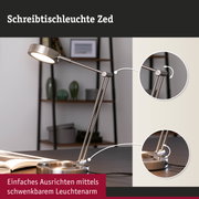 Schreibtischleuchte Zed aus gebürstetem Metall in Silber mit schwenkbarem Leuchtenarm für Bürobeleuchtung