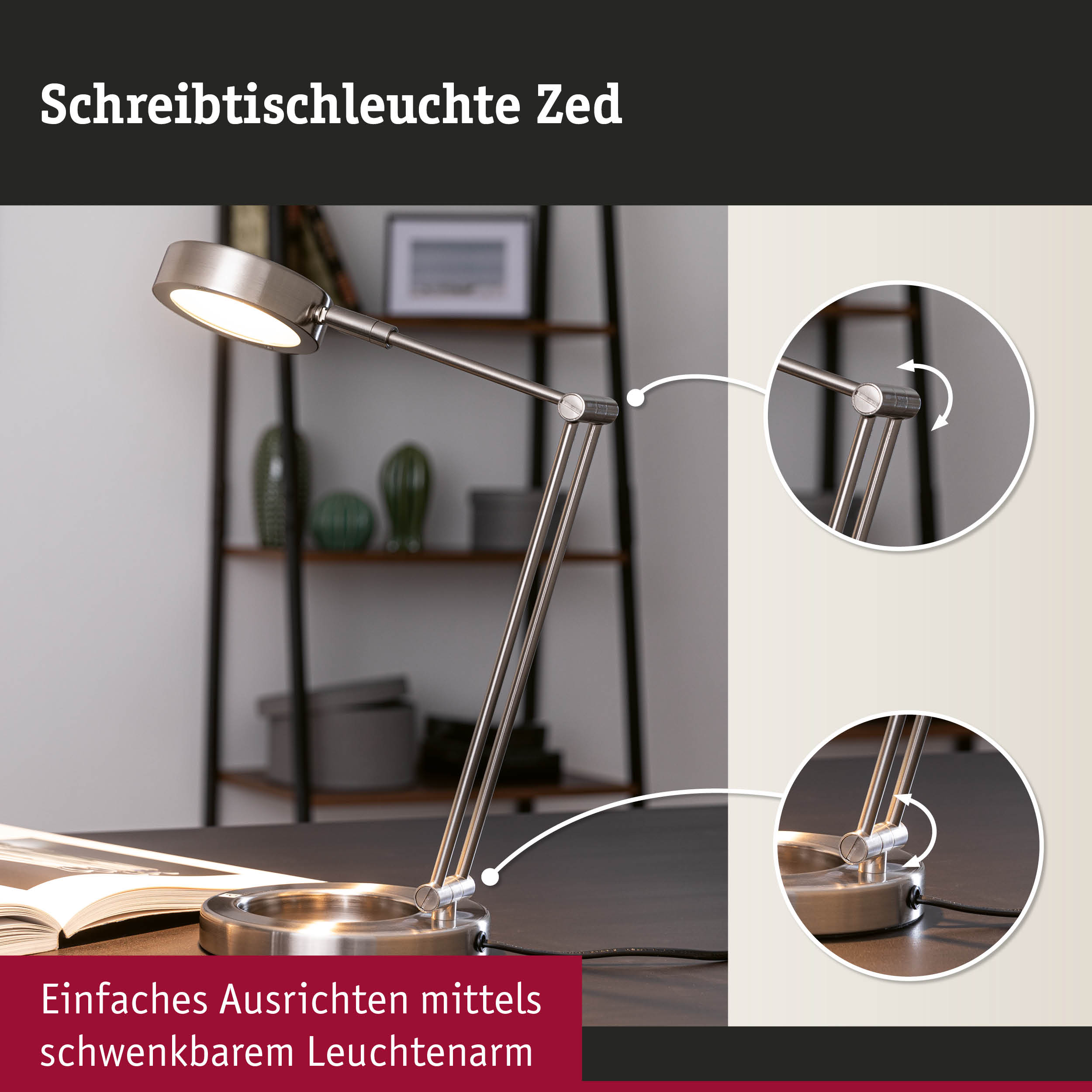 Schreibtischleuchte Zed aus gebürstetem Metall in Silber mit schwenkbarem Leuchtenarm für Bürobeleuchtung