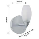 Modern wall light in silver metal with matte white glass, dimensions 157x105x115 mm