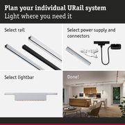 Modular URail rail system with black and white aluminium rails for flexible LED lighting setup.