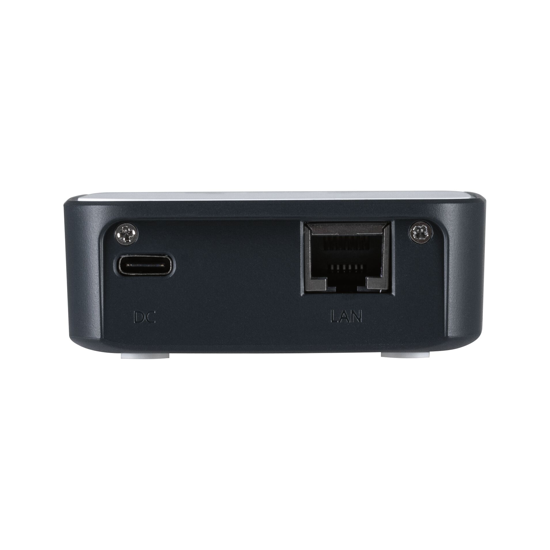 Schwarzes Elektronikgerät mit USB-C und LAN-Anschluss für Netzwerkverbindung und Stromversorgung