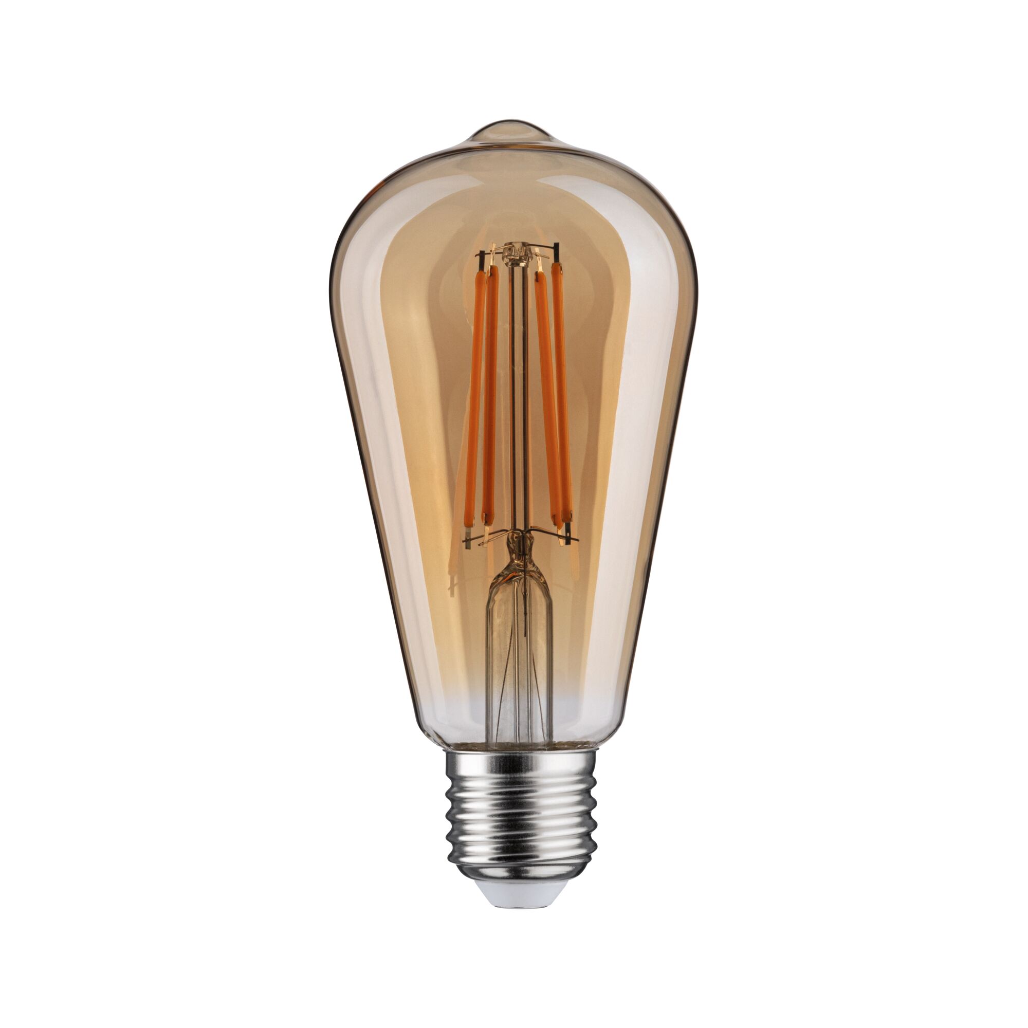 Vintage LED-Glühbirne mit bernsteinfarbenem Glas und sichtbaren orangen Filamenten für dekorative Beleuchtung