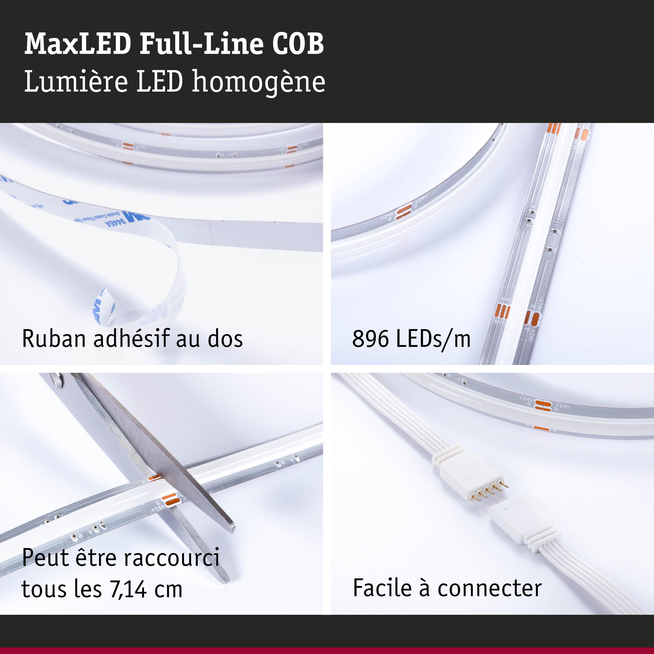 Bande LED MaxLED Full-Line COB avec 896 LEDs/m, ruban adhésif, coupable tous les 7,14 cm, facile à connecter