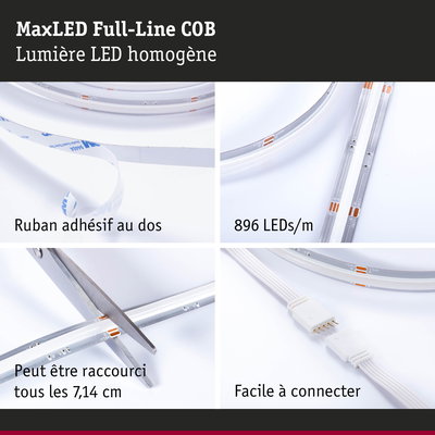 Bande LED MaxLED Full-Line COB avec 896 LEDs/m, ruban adhésif, coupable tous les 7,14 cm, facile à connecter