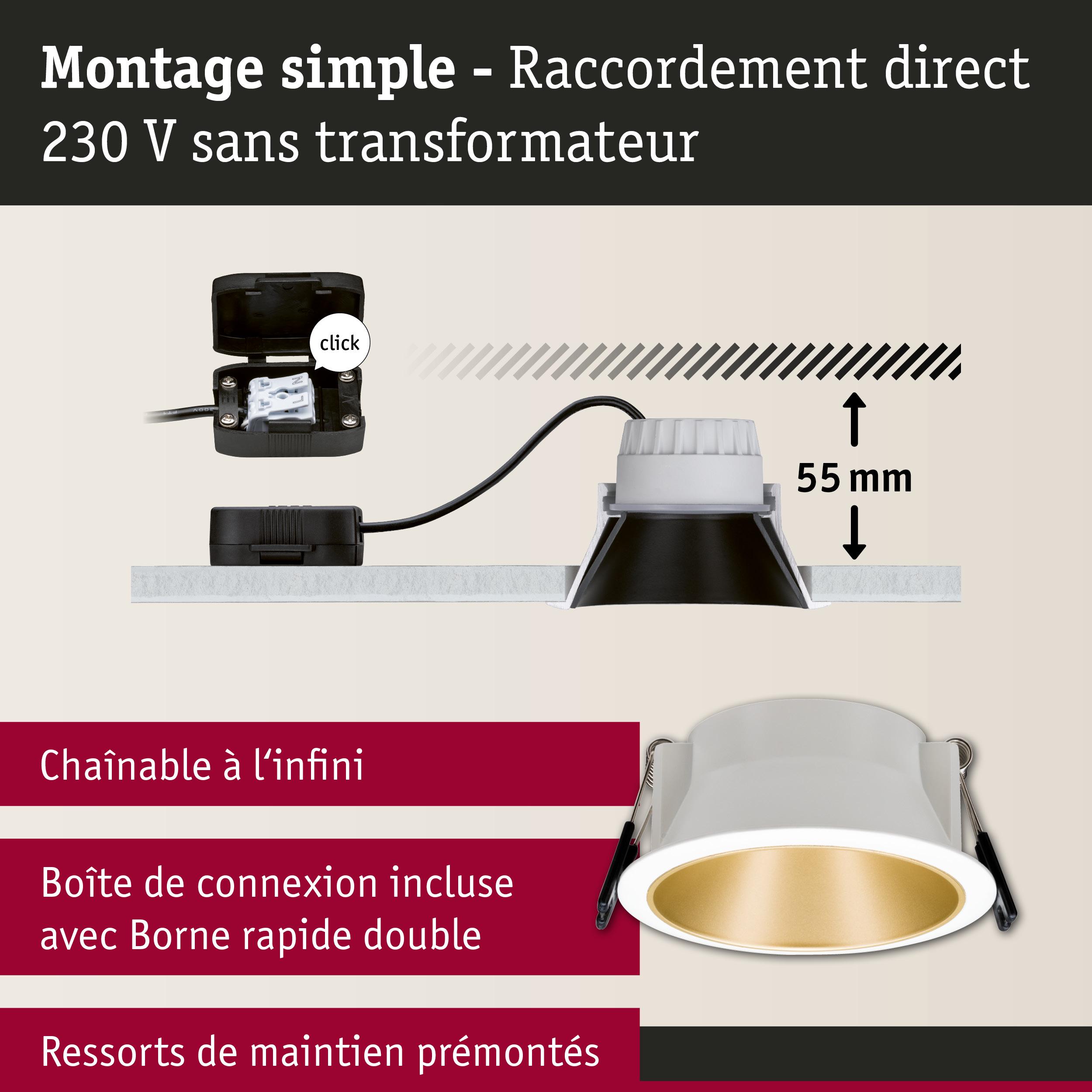 Montage simple d’un spot LED encastré blanc avec 55 mm de profondeur et raccordement direct 230 V sans transformateur