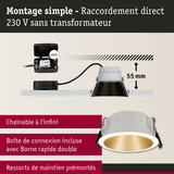 Montage simple d’un spot LED encastré blanc avec 55 mm de profondeur et raccordement direct 230 V sans transformateur