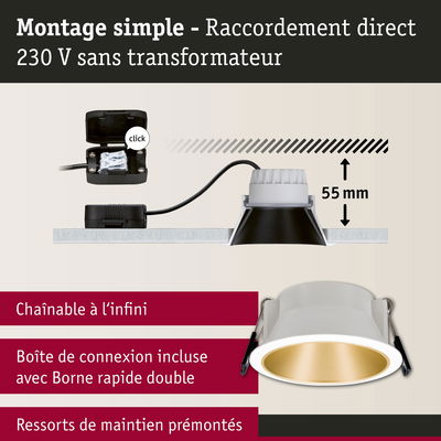 Montage simple d’un spot LED encastré blanc avec 55 mm de profondeur et raccordement direct 230 V sans transformateur