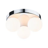 Ceiling light with three white glass globes and chrome metal frame for modern home lighting