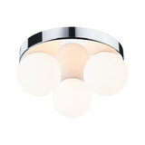 Ceiling light with three white glass globes and chrome metal frame for modern home lighting