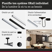 Système de rail URail modulaire en noir et blanc avec spots et suspensions pour un éclairage flexible