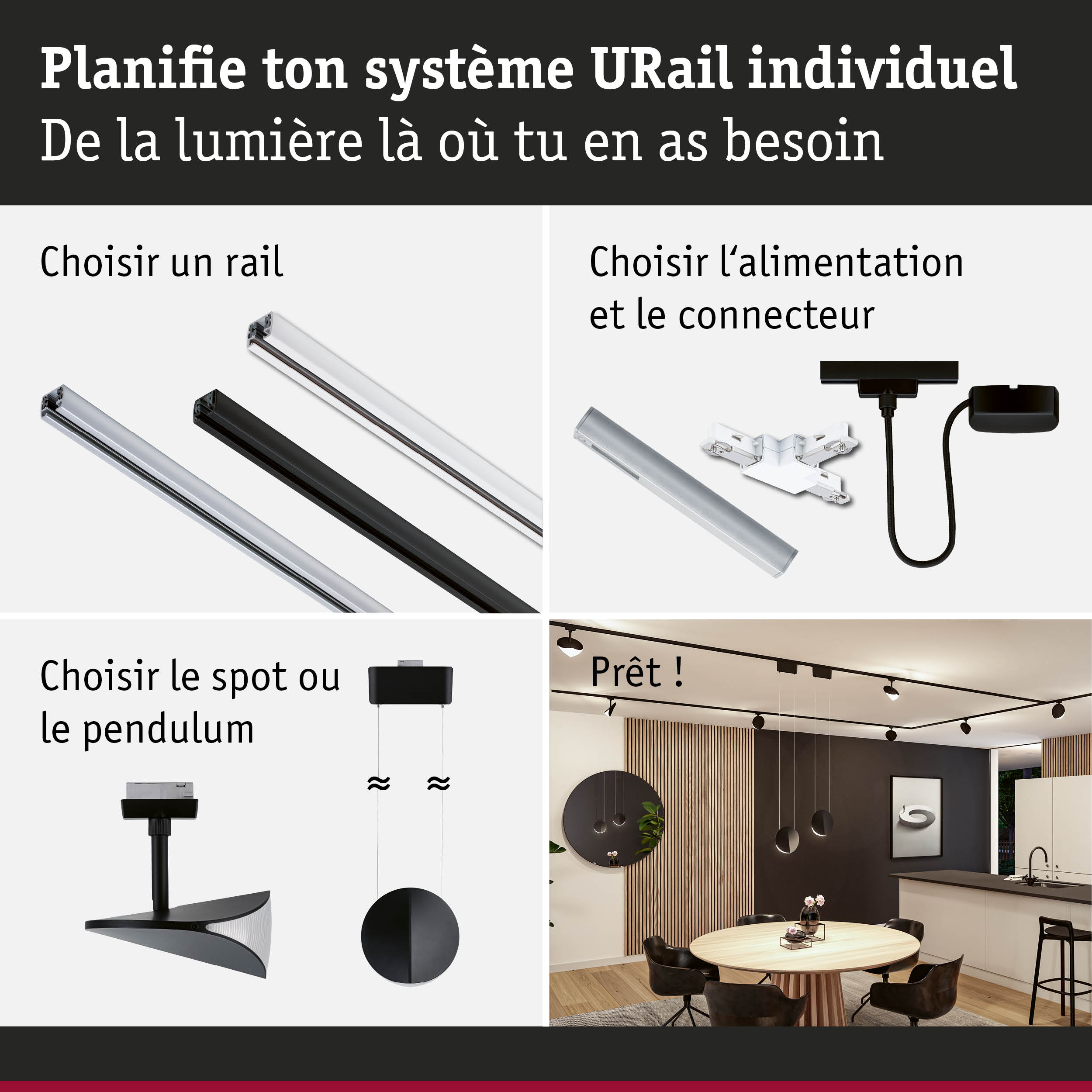 Système de rail URail modulaire en noir et blanc avec spots et suspensions pour un éclairage flexible