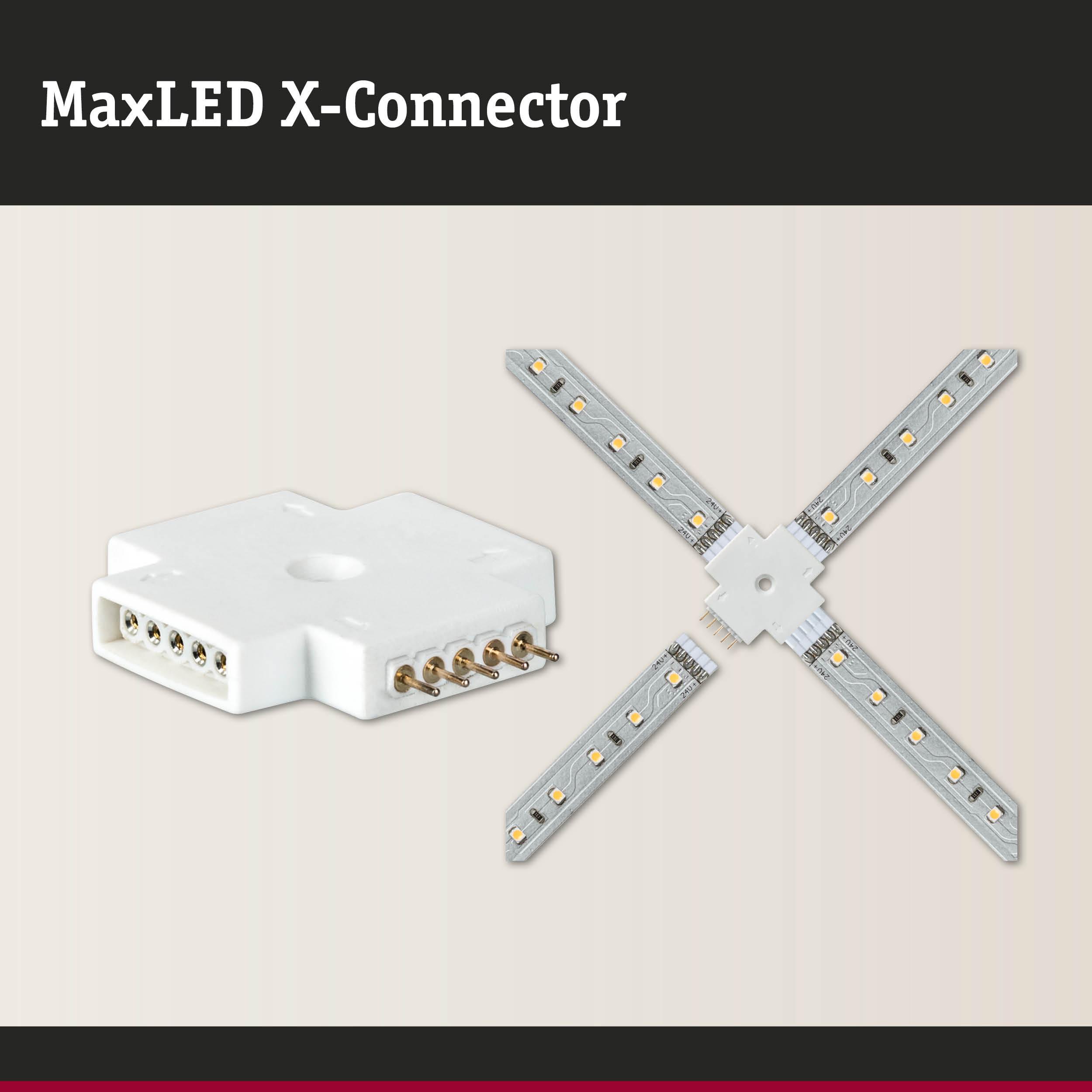 MaxLED X-Connector aus weißem Kunststoff für LED-Streifen, verbindet vier LED-Leisten kreuzförmig