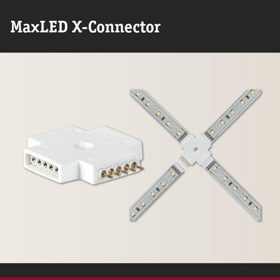 MaxLED X-Connector aus weißem Kunststoff für LED-Streifen, verbindet vier LED-Leisten kreuzförmig