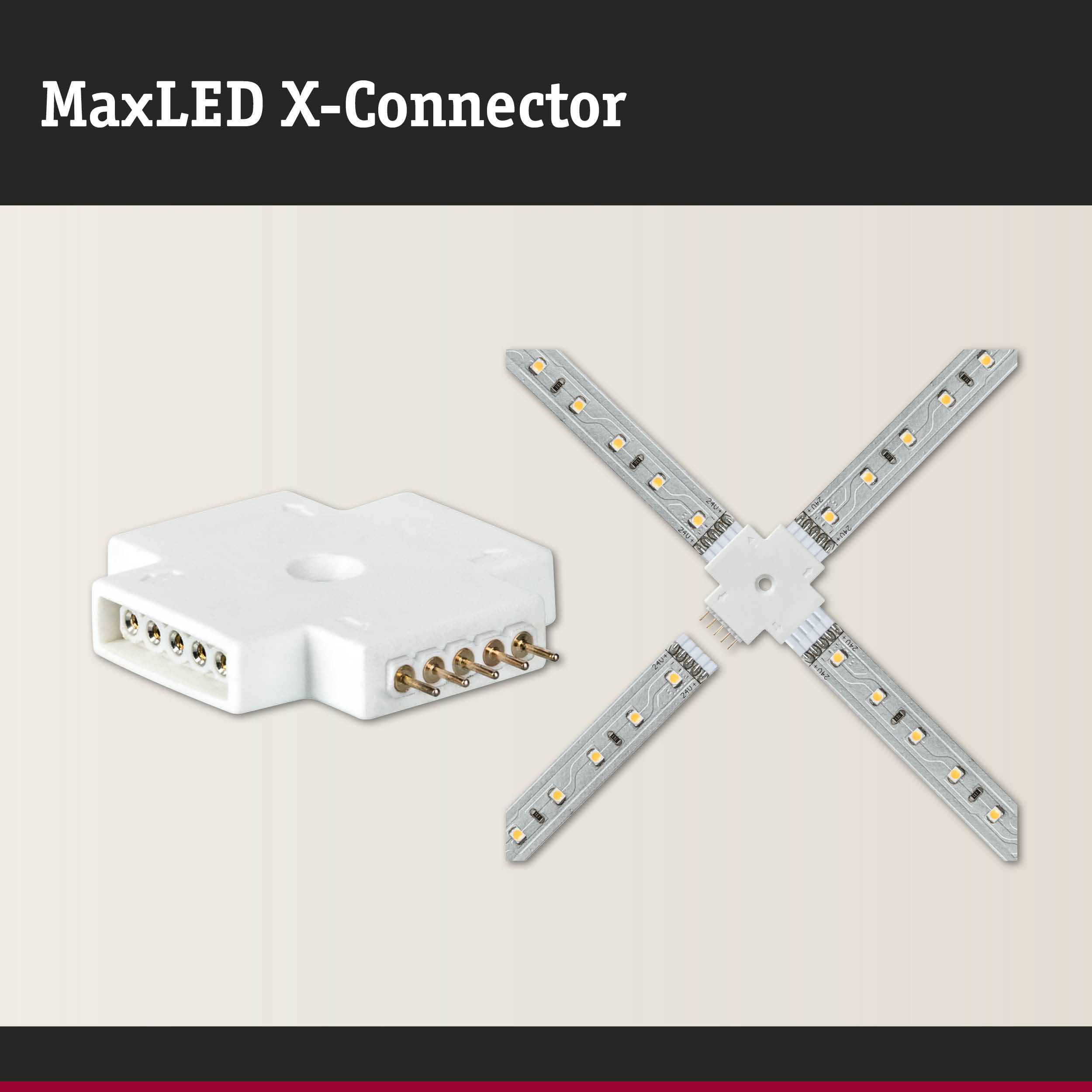 Weißer MaxLED X-Connector aus Kunststoff mit LED-Streifenanschlüssen für flexible Lichtsysteme
