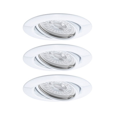 Three white plastic recessed spotlights with LED bulbs for modern indoor lighting solutions