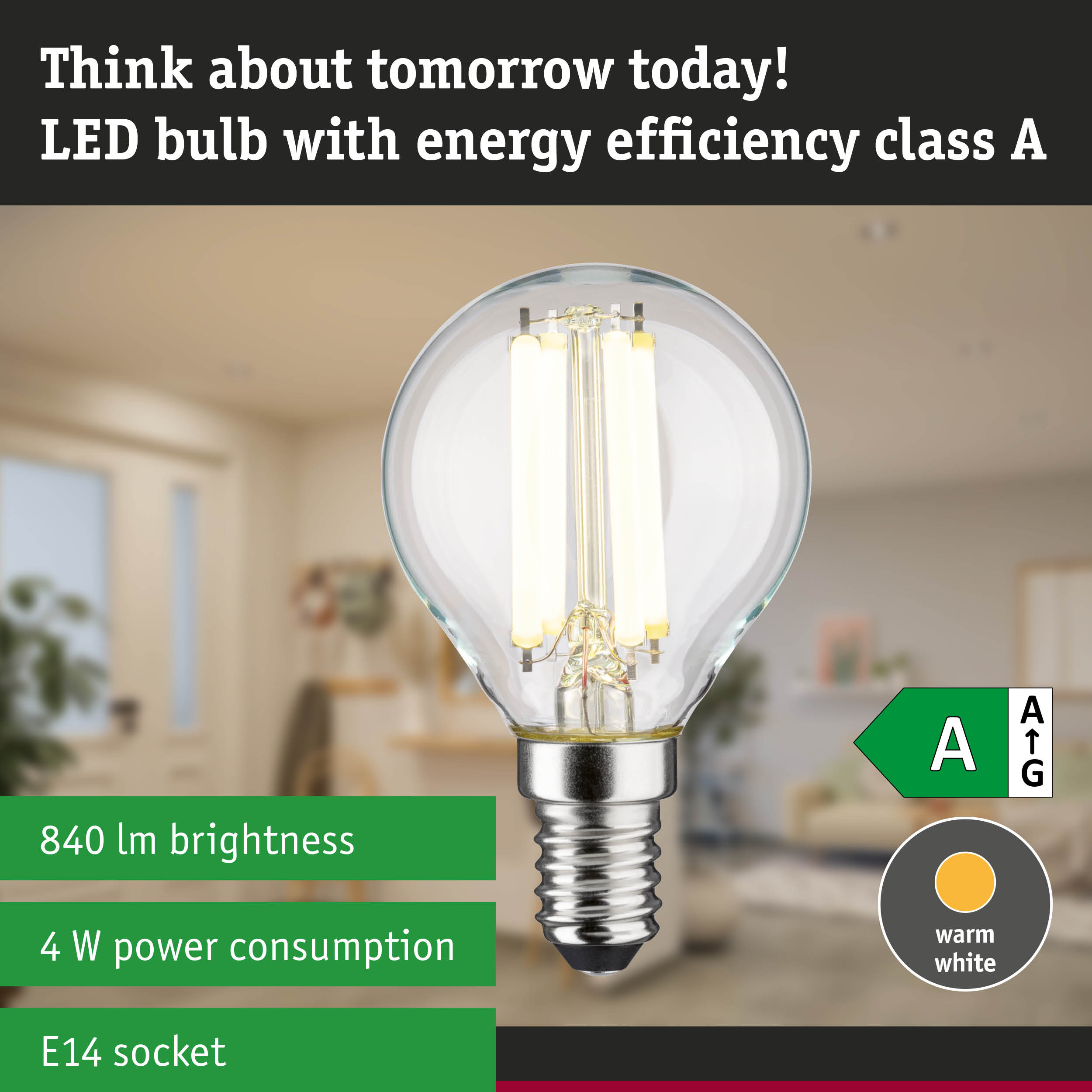 LED lamp with neutral white light and high energy efficiency against green forest background