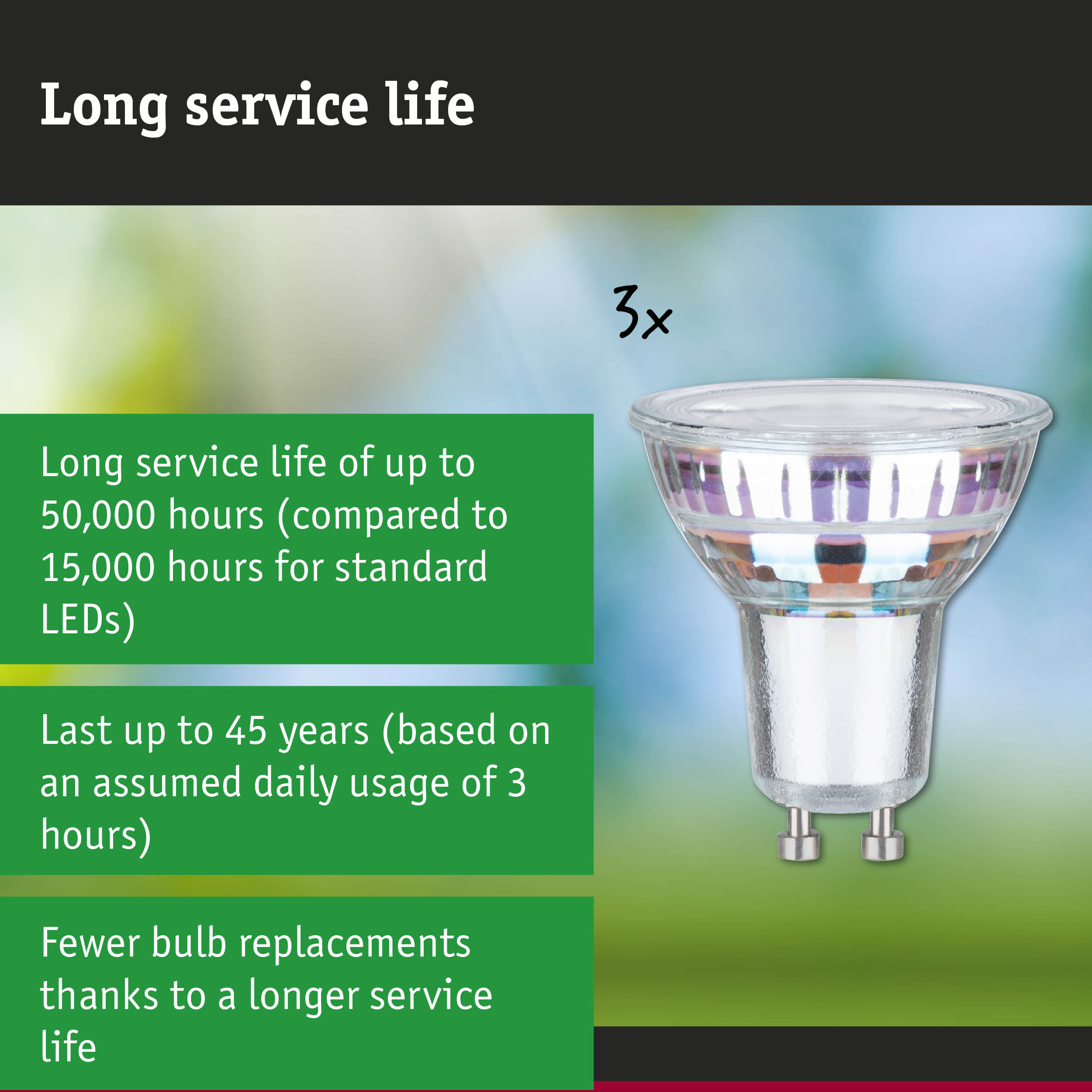 LED lamp with 3.5 times longer life, lasting 50,000 hours for energy-efficient lighting
