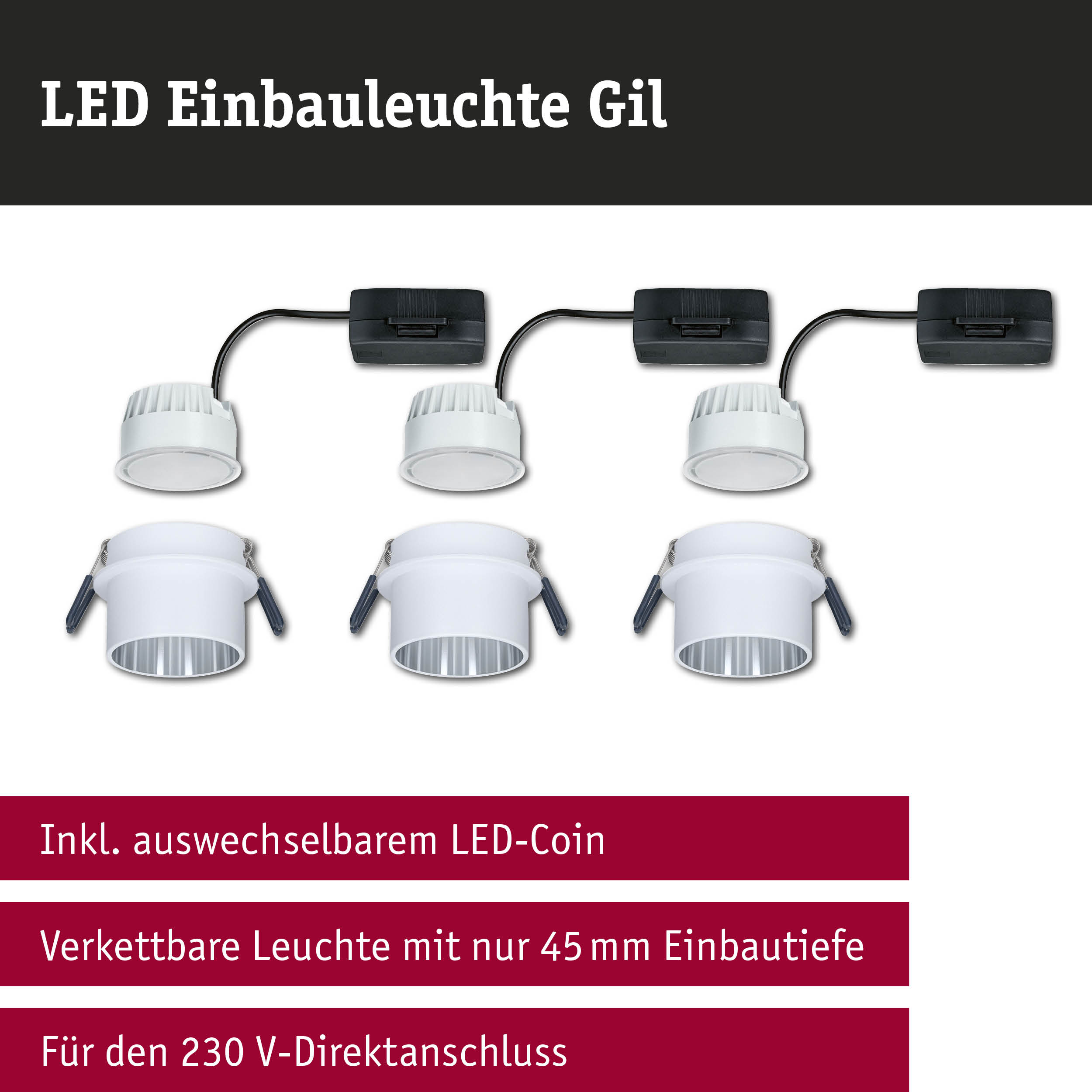 LED Einbauleuchte Gil in Weiß mit schwarzem Anschlusskabel, vernetzte Deckenleuchte mit 45 mm Einbautiefe