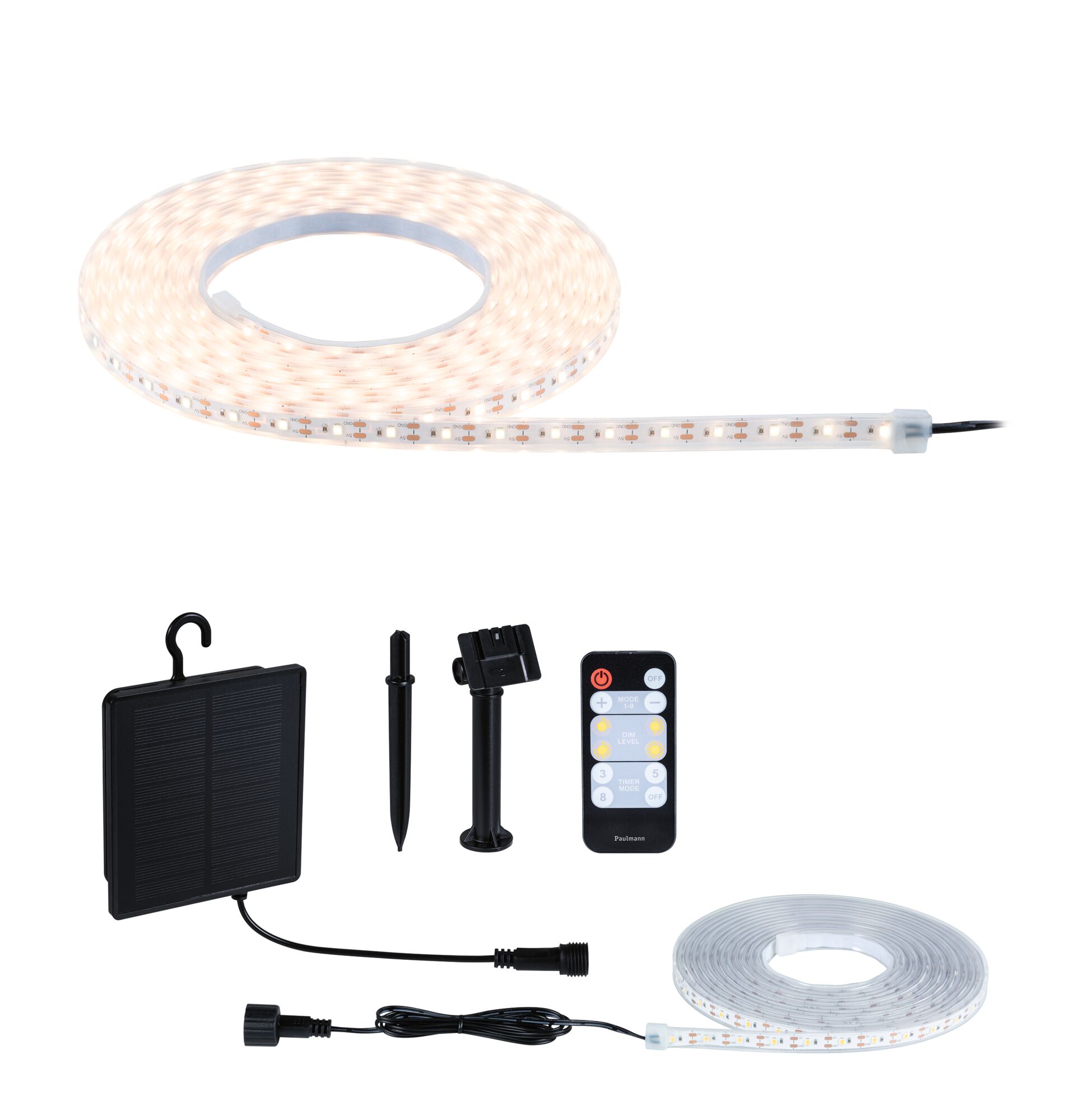 White LED strip light with solar panel, remote control, and ground stake for energy-saving outdoor lighting