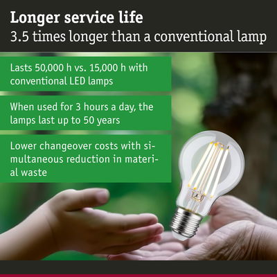 LED filament bulb with 3.5 times longer service life than conventional lamps, energy-saving lighting solution