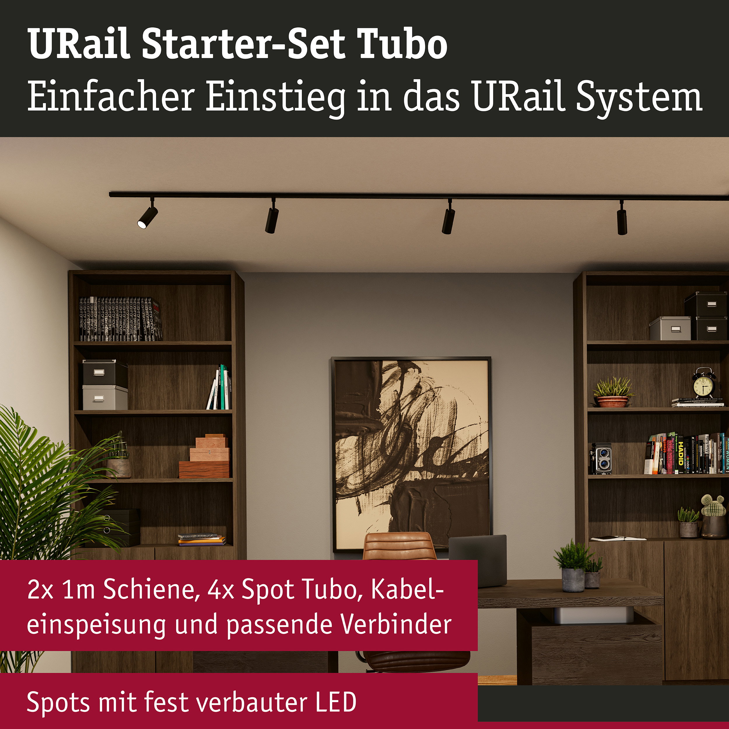 URail Schienenspot Tubo Starterset Kabeleinspeisung 4x4W 230V Schwarz matt