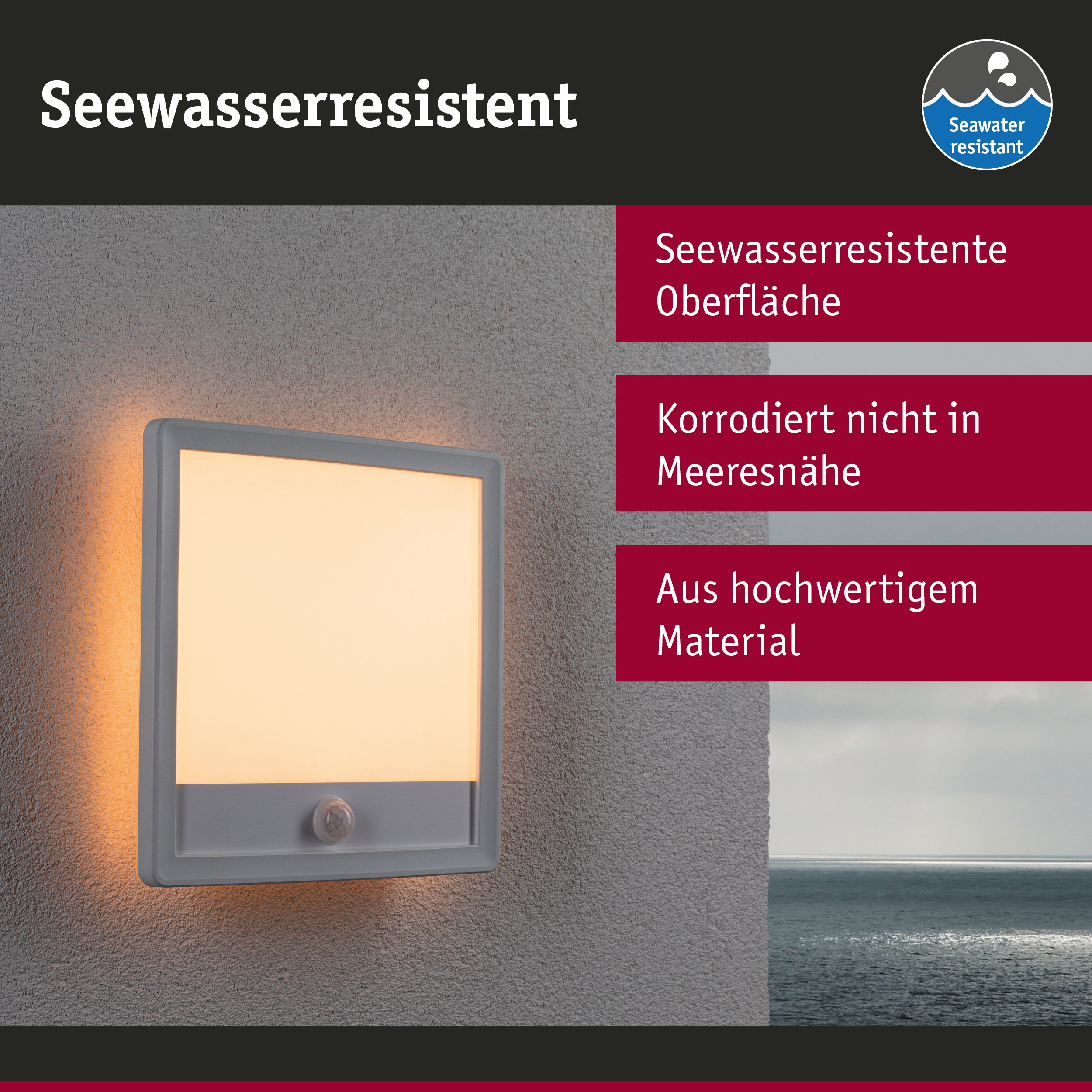 Seewasserresistente Außenwandleuchte mit grauem Rahmen und warmweißem Licht für Küstenbereiche