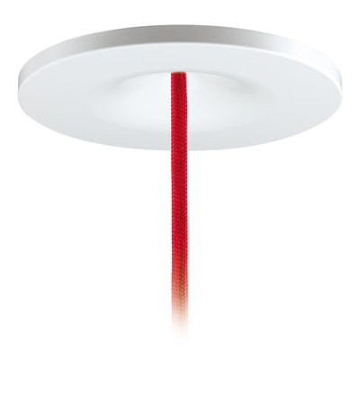 Round white plastic ceiling rose with red textile cable for pendant lights